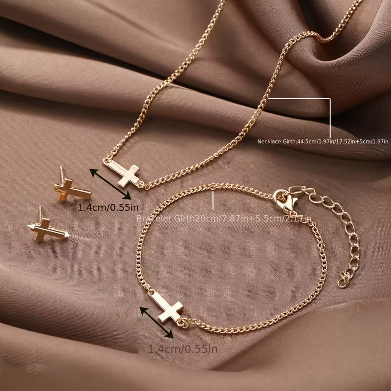 Afri Aura-4pcs Minimalist Cross Bracelet, Necklace, and Earring Set