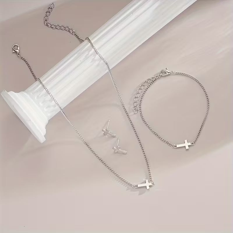 Afri Aura-4pcs Minimalist Cross Bracelet, Necklace, and Earring Set