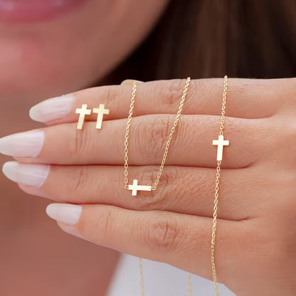 Afri Aura-4pcs Minimalist Cross Bracelet, Necklace, and Earring Set